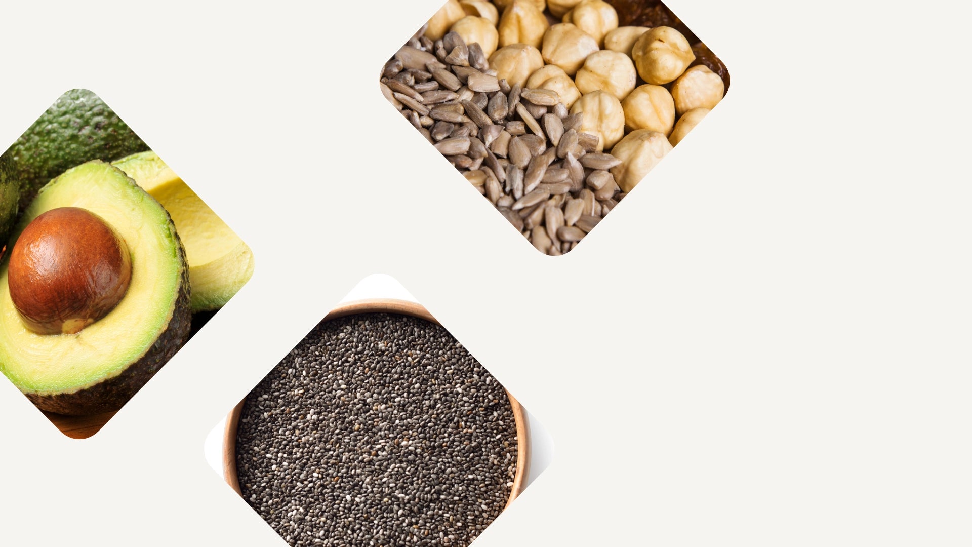 a split image: on the right, some avocado. In the middle, some chia seeds. On the right, some nuts