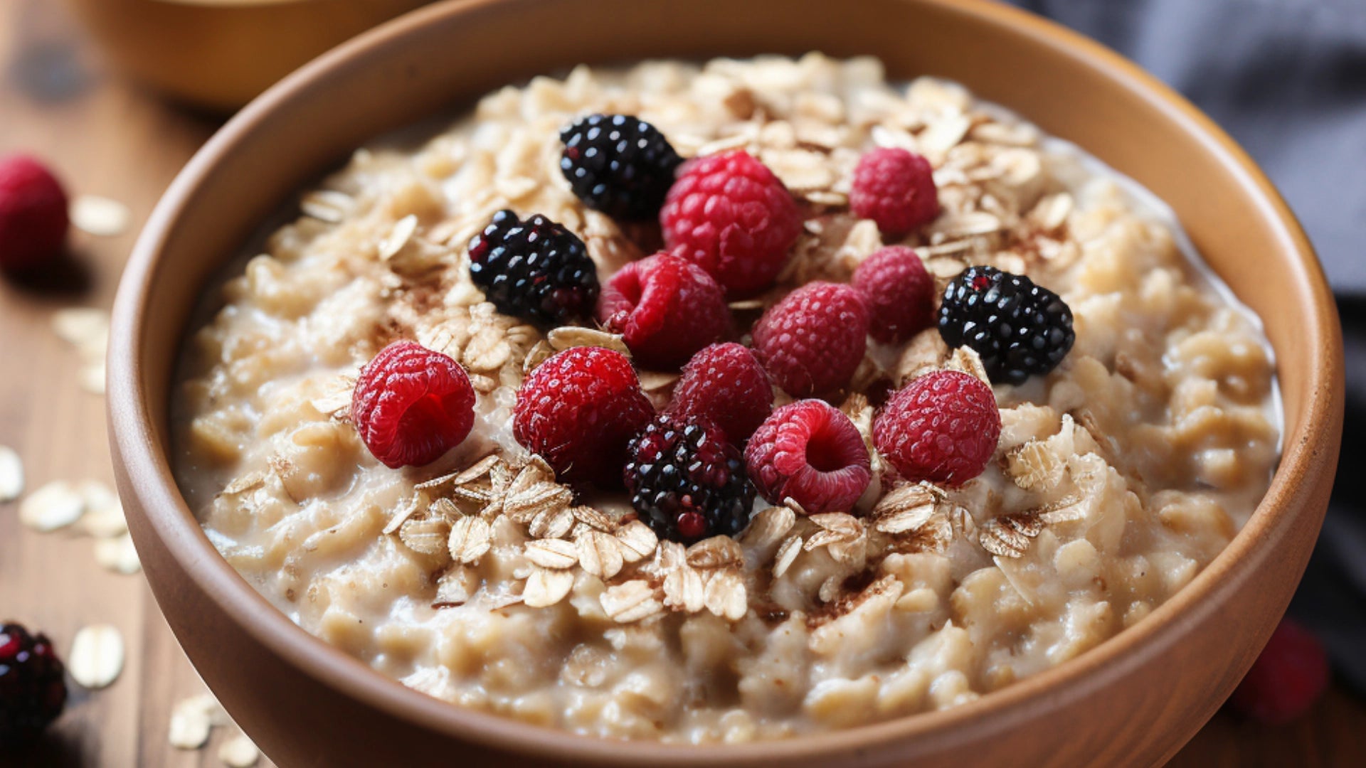 A bowl of oatmeal with some fruits